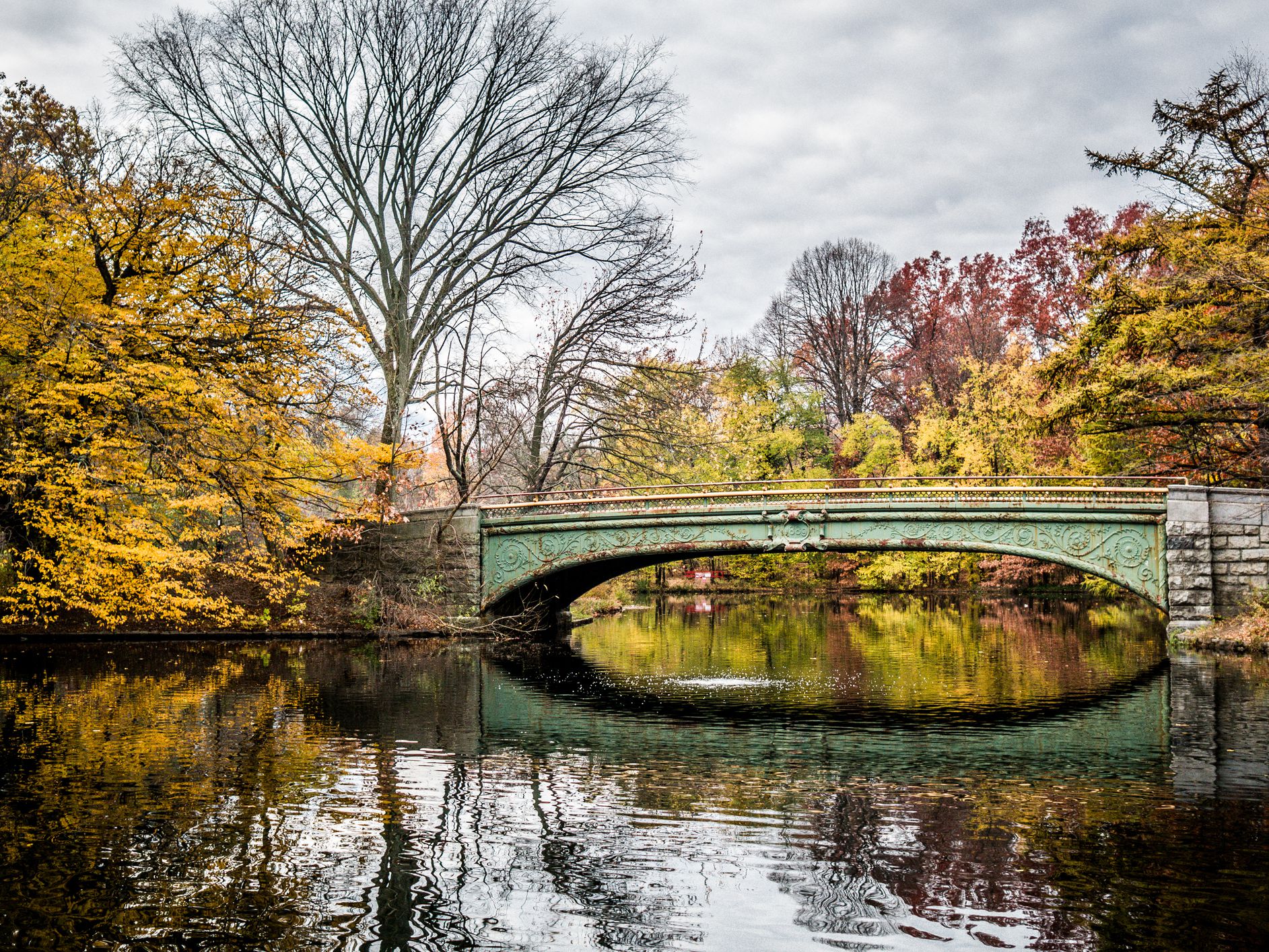 Prospect Park in autumn with a lake reflection